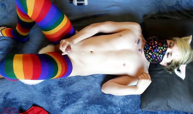 Super-Cute Hairy Femboi Demonstrates Soles and Unloads Jism on his Stomach