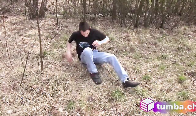 youngster With huge plump spear Milking In Nature And Ejaculates On Himself