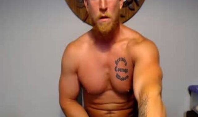 Light-Haired beefy guy Strokes In Live