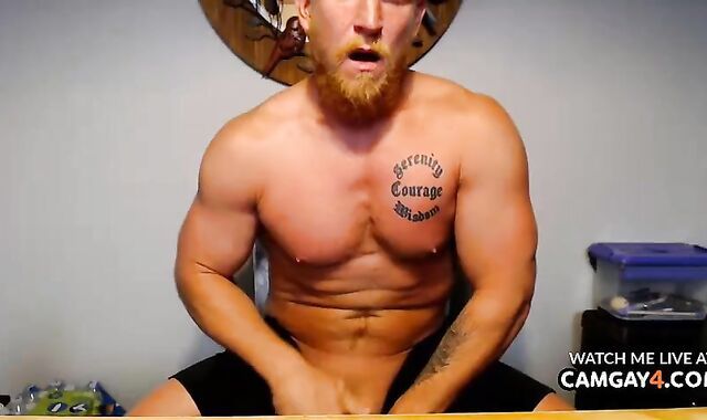 Light-Haired beefy guy Strokes In Live