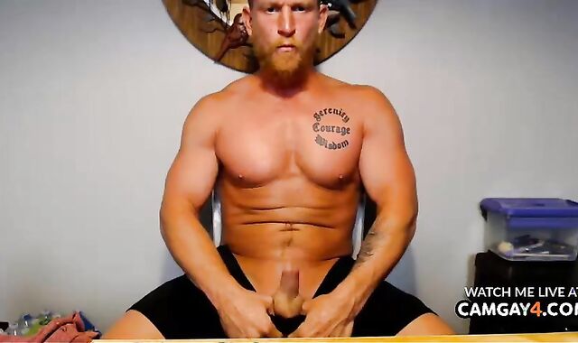 Light-Haired beefy guy Strokes In Live
