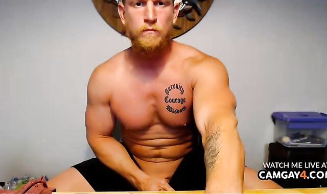 Light-Haired beefy guy Strokes In Live