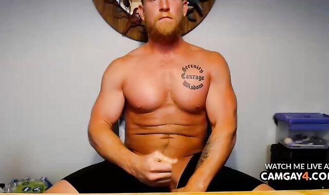 Light-Haired beefy guy Strokes In Live