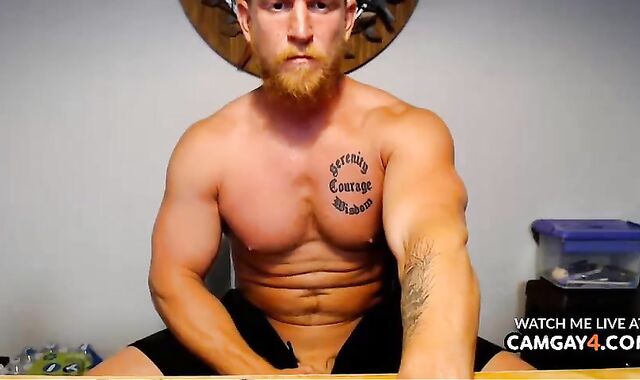 Light-Haired beefy guy Strokes In Live