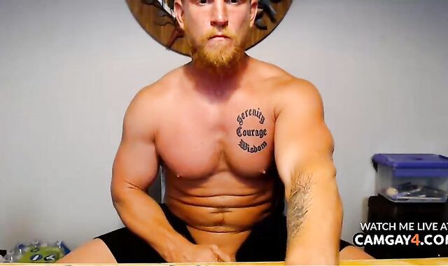 Light-Haired beefy guy Strokes In Live