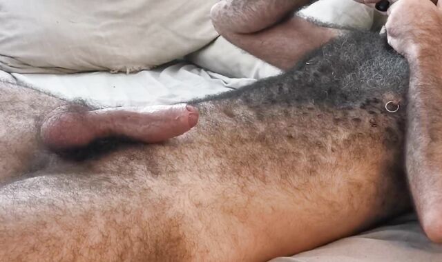 Ultra-Kinky fur covered bearded have fun with his spear