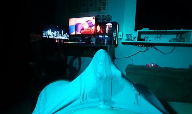 three wands at the same time, jizzing in lingerie, solo masculine