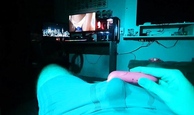 three wands at the same time, jizzing in lingerie, solo masculine