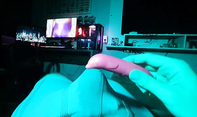 three wands at the same time, jizzing in lingerie, solo masculine