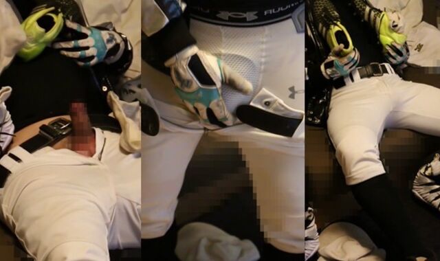 A baseball player with a nip morro sensing socks wanks with XXL football spikes