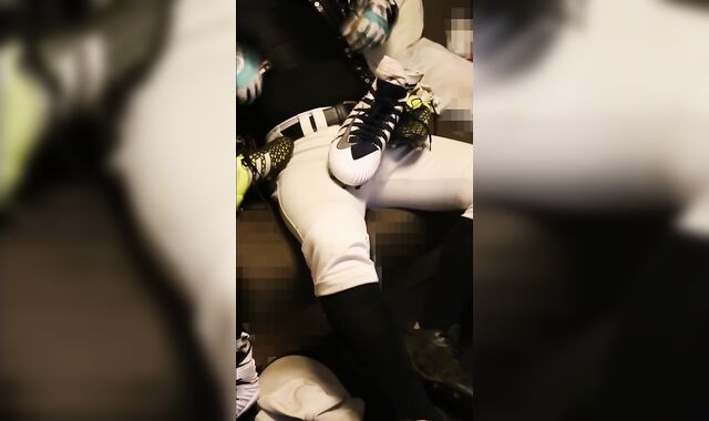 A baseball player with a nip morro sensing socks wanks with XXL football spikes