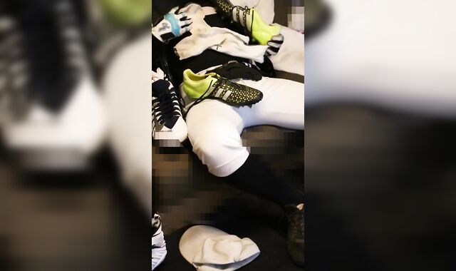 A baseball player with a nip morro sensing socks wanks with XXL football spikes