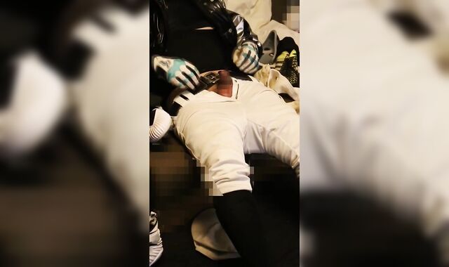 A baseball player with a nip morro sensing socks wanks with XXL football spikes