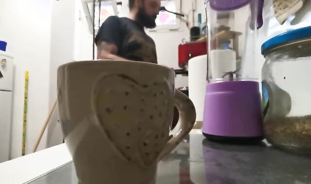 Round wooly stud tugging off in the kitchen after his coffee and made a dirt with his blast