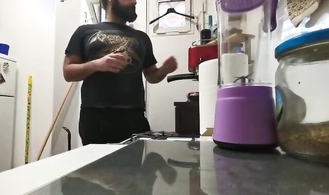 Round wooly stud tugging off in the kitchen after his coffee and made a dirt with his blast