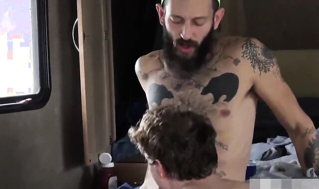 Inked youngster enjoying phat dude-meat daddy