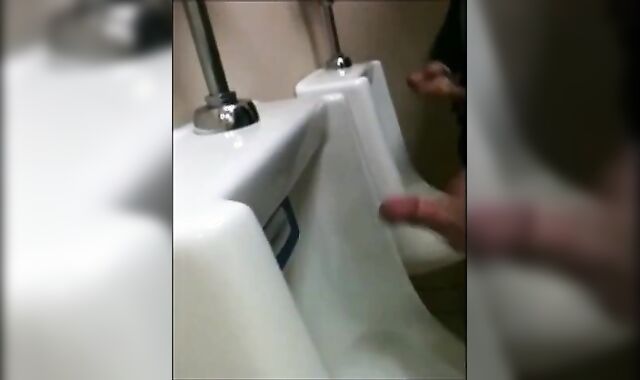 two slim dicks getting wanked at the urinals