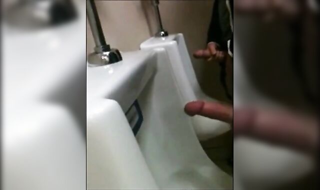 two slim dicks getting wanked at the urinals