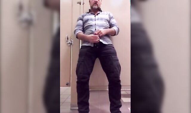 Bear Jerking Off at Work in Restoom