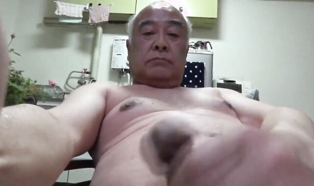 Naked Japanese Silver Daddy Jerks Off Solo