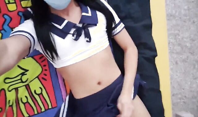 Asian Crossdresser Masturbates with Sex Toy