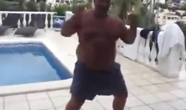 Fat Latin Daddy Strips Outdoors with His Bear