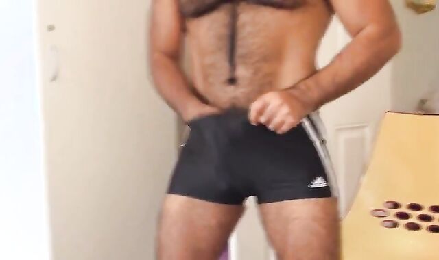 Hairy Asian Guy Strokes His Big Cock