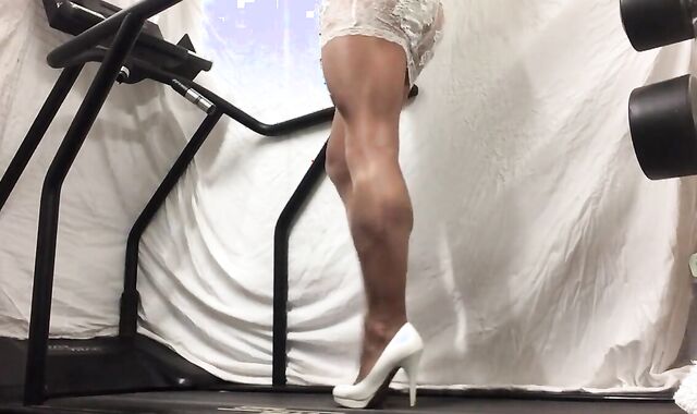 Walking in White Lacy Dress and Tan Pantyhose