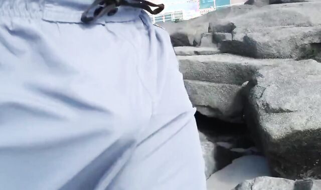 Hairy Bear Jerks Off on a Public Beach - Big Cum Shot