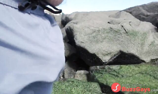 Hairy Bear Jerks Off on a Public Beach - Big Cum Shot