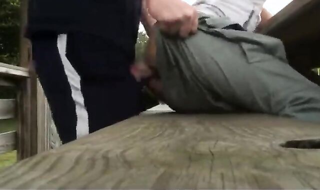 Bareback anal cumming on an outdoor bench.