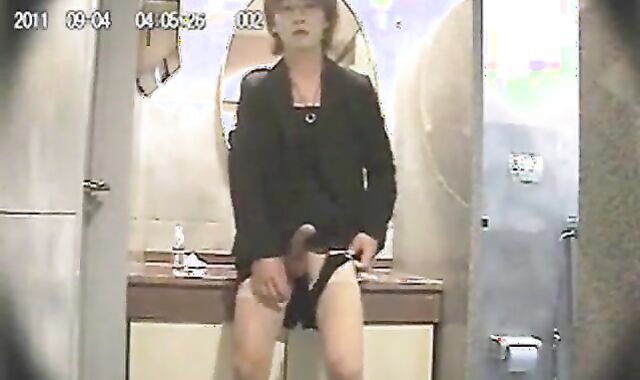 Asian Crossdresser Masturbates in a Public Bathroom