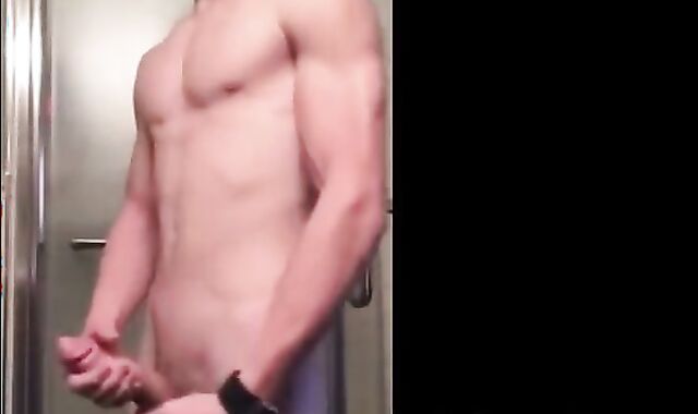 Muscular Twink Strokes His Big Cock in Bathroom Solo