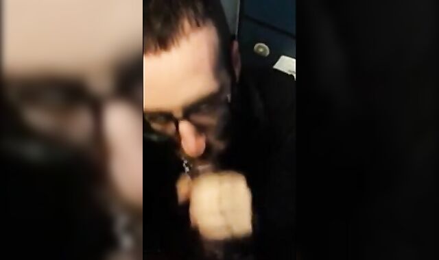 Bearded Guy Sucks Interracial Cock in a Public Restroom