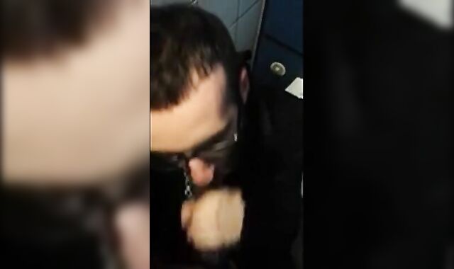 Bearded Guy Sucks Interracial Cock in a Public Restroom