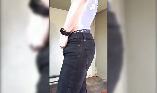 Skinny Amateur Strips and Strokes His Big Cock