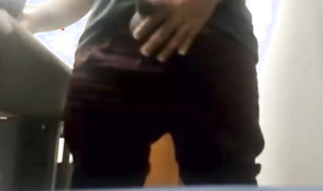 Brazilian Daddy Strokes His Big Uncut Cock at Work