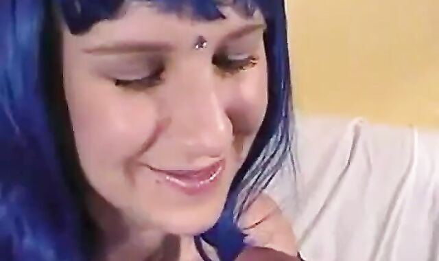 Blue-Haired Crossdresser Sucks Amateur Cock