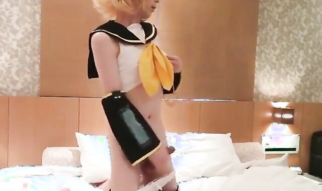 Cosplaying Asian Crossdresser Masturbates