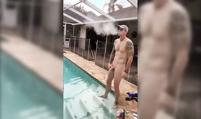 Muscular Hunk Jerks Off by the Pool with a Cigarette