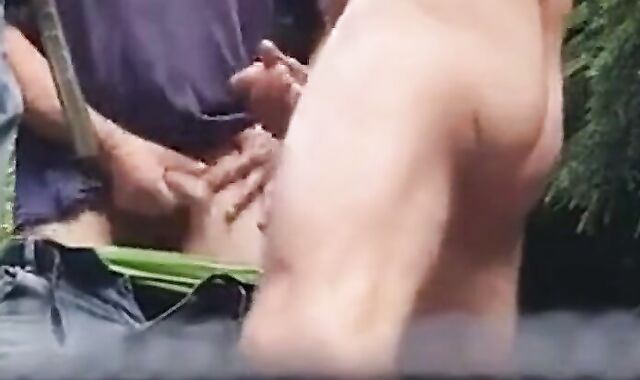 Three Daddies Stroking in the Woods