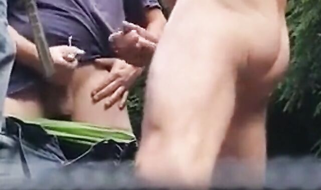 Three Daddies Stroking in the Woods