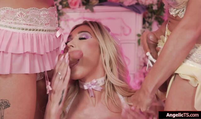 Three busty tgirls oil up and anal fuck