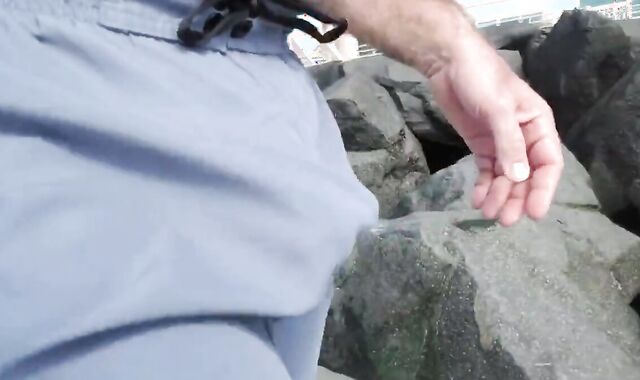 Hairy Bear Jerks Off on a Public Beach - Big Cum Shot 3