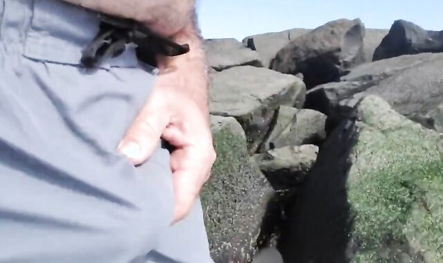 Hairy Bear Jerks Off on a Public Beach - Big Cum Shot 3