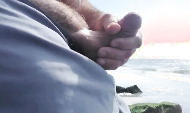 Hairy Bear Jerks Off on a Public Beach - Big Cum Shot 3