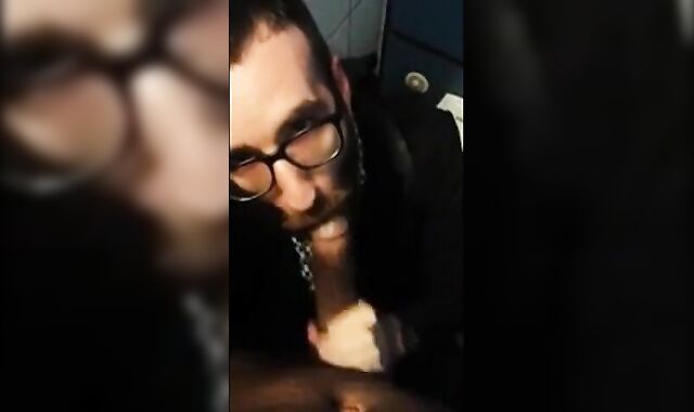 Bearded Guy Sucks Interracial Cock in a Public Restroom 2