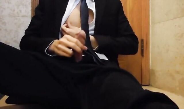 Bareback Student in the WC Takes a Cum Tribute Handjob