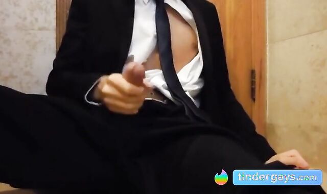 Bareback Student in the WC Takes a Cum Tribute Handjob