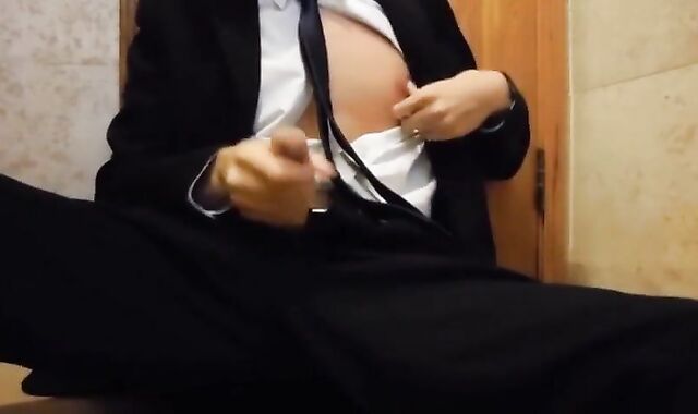 Bareback Student in the WC Takes a Cum Tribute Handjob